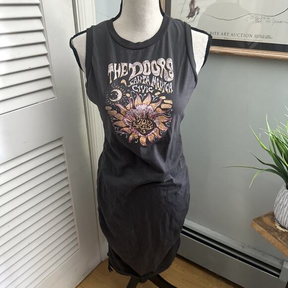 THE DOORS Dress Womens Medium Gray Sleeveless Ruched Santa Monica Graphic Retro - Picture 1 of 12